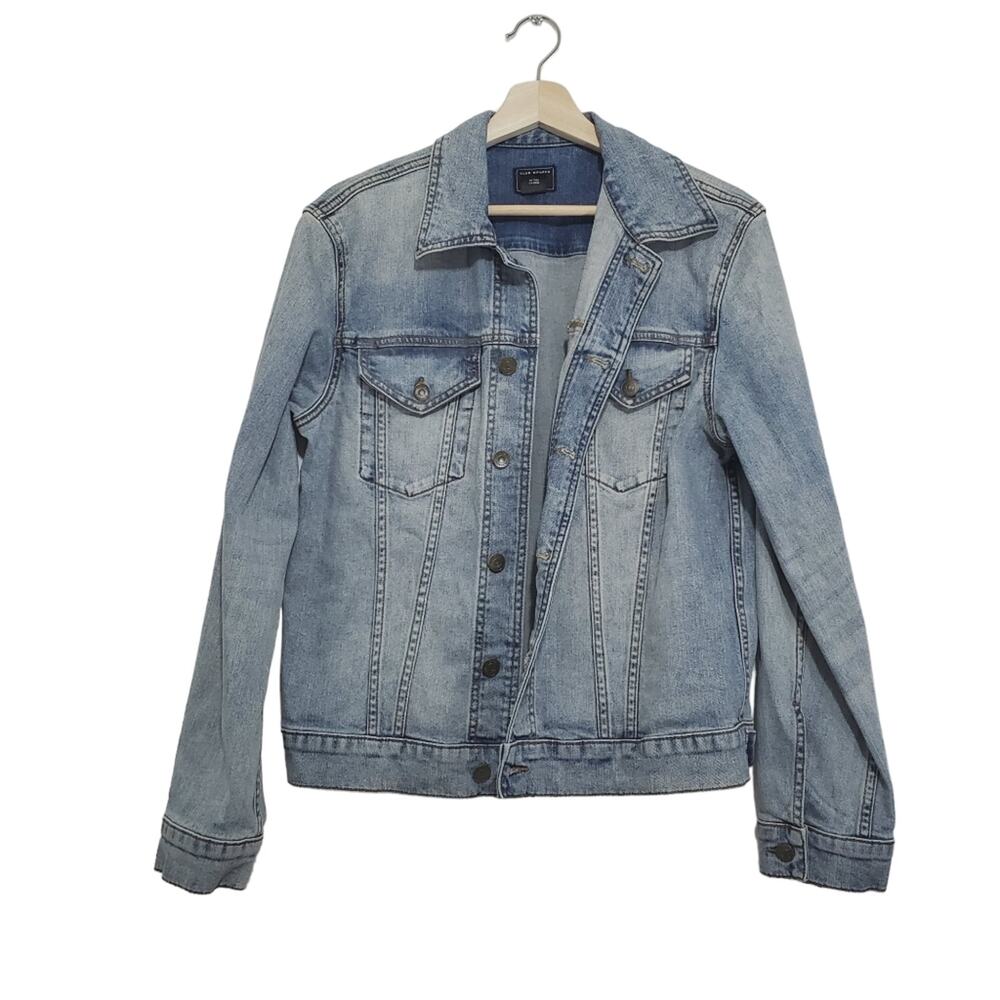 Club Monaco | Denim Trucker Jacket Distresses Button Front Relaxed Fit Jean